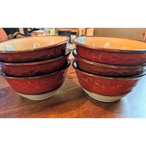 Pier 1 Imports Red Scroll Ceramic Pottery Cereal Soup Bowls Lot 6 Red/Beige NEW